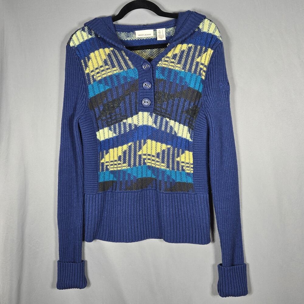 DKNY Jeans Sweater Womens L Blue Wool Blend Hooded Henley Geometric Knit Y2K VTG